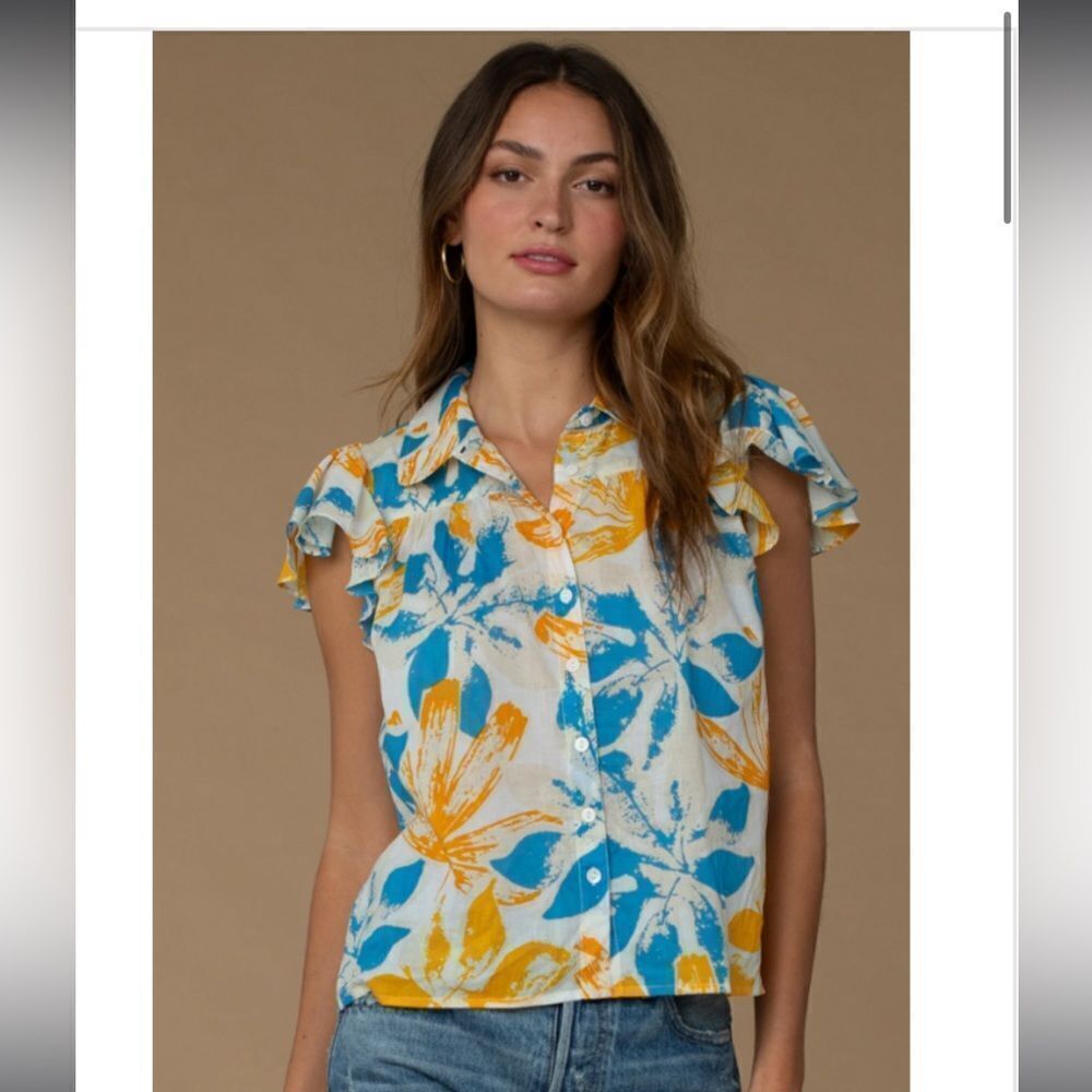 New Olivia James The Label Val Sea flower blouse blue yellow XS cotton